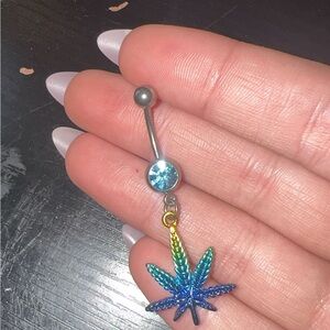 Rainbow Leaf Dangle Navel Ring with Blue Gem